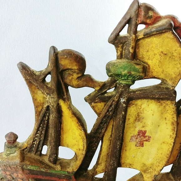 Doorstop Cast Iron Galleon Ship Painted with Red Cross on Sails - Picture 10 of 11